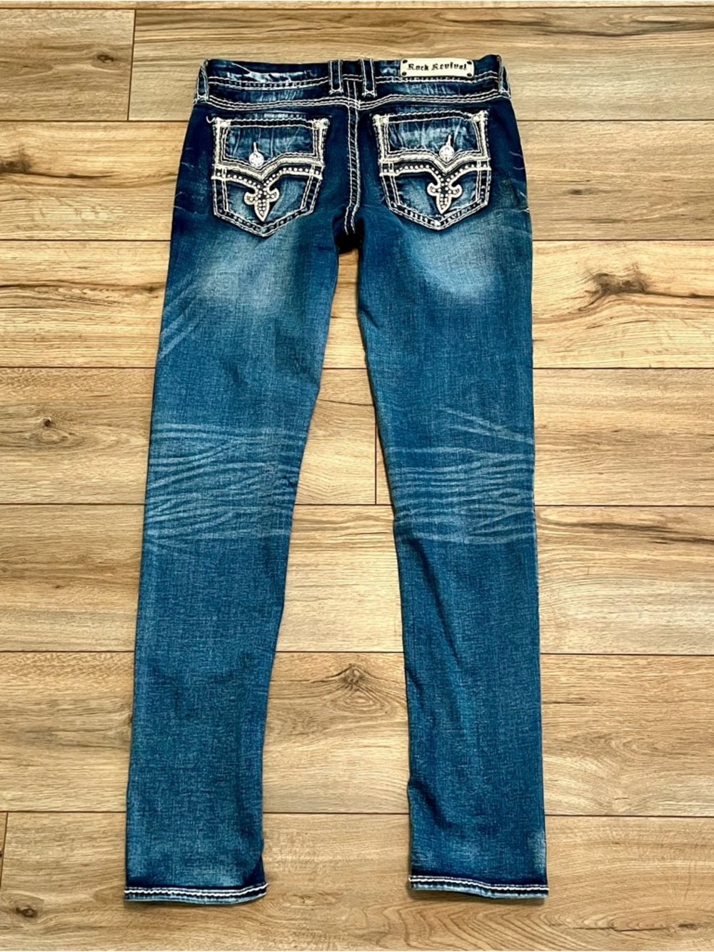 Rock Revival Janelle Skinny Jeans SZ 32 Blue Denim Thick Stitch Rhinestone - Picture 14 of 16